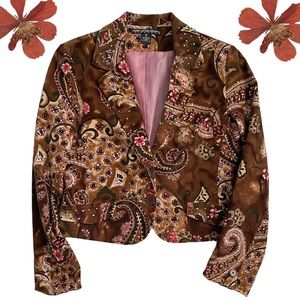 Larry Levine petite paisley corduroy Fall blazer w/ pink rhinestones, brown tan